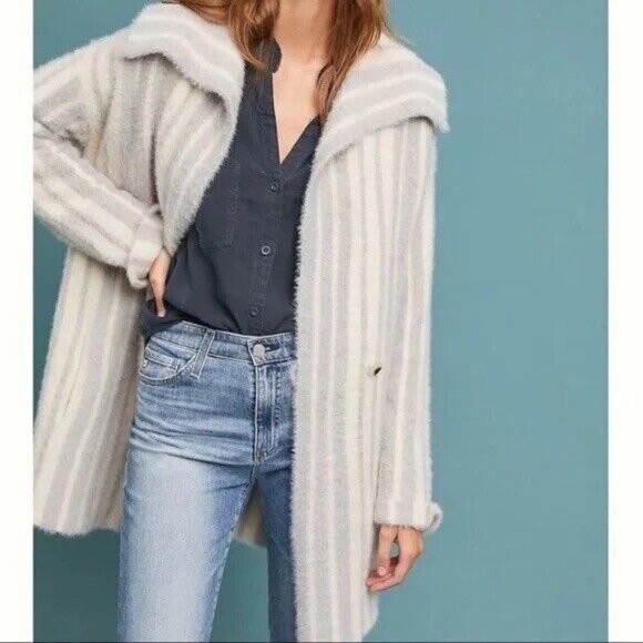 MOTH Anthropologie Womens Sweater Coat Sz S Gray White Stripe Oversized Coatigan - Picture 2 of 11